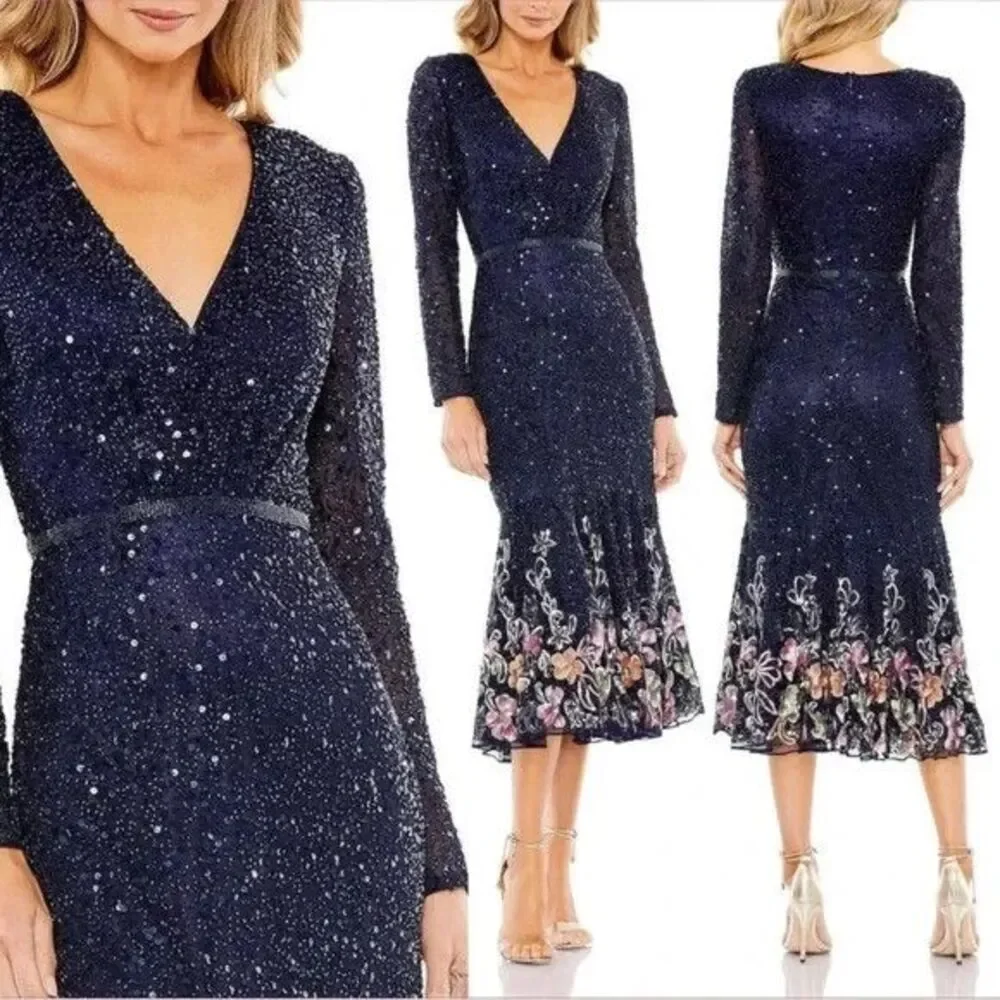 Mac Duggal Women's 5589 Floral Hem Long Sleeve Sequin Dress $598 size 4
